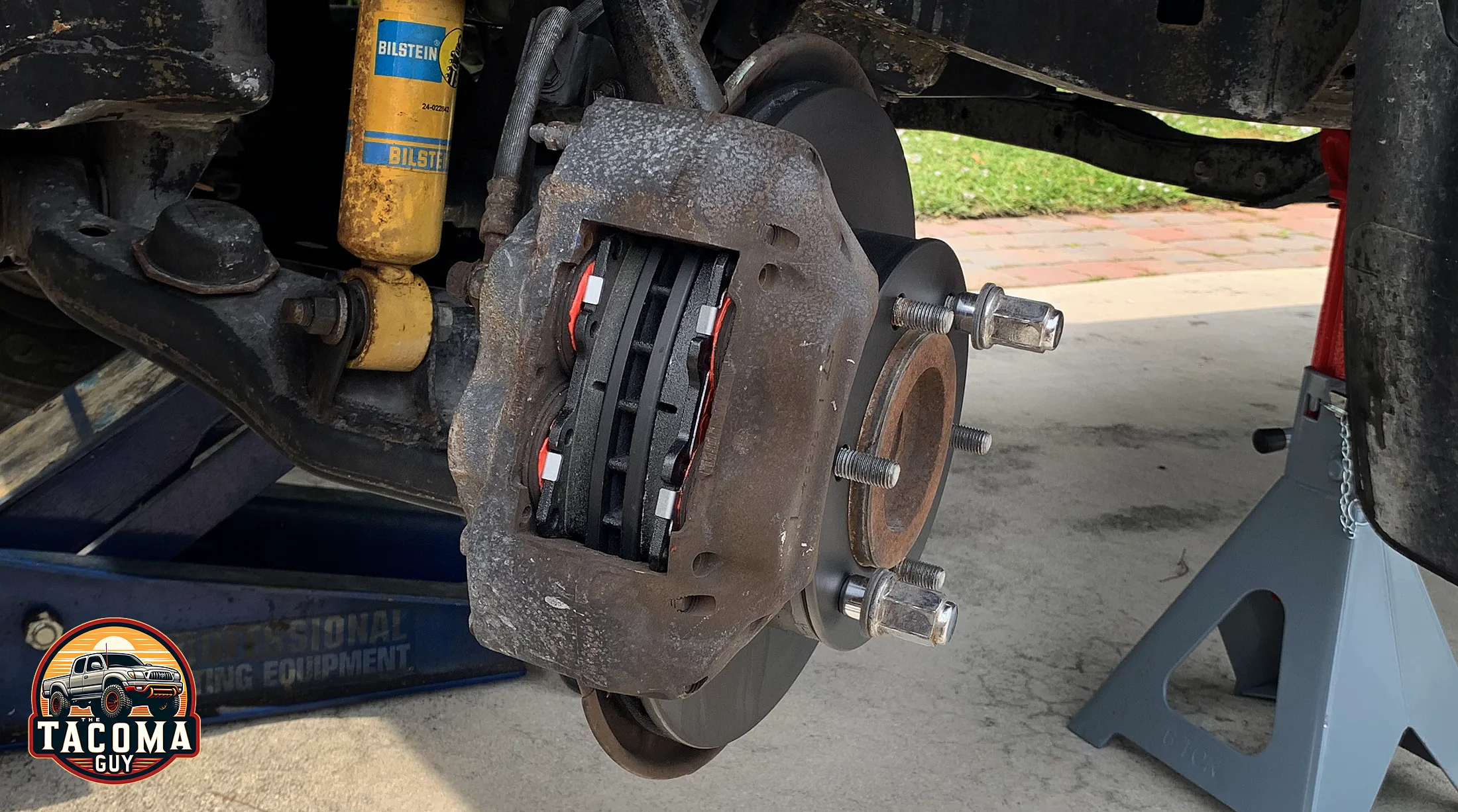 Front brake pads, calipers and rotors on a Gen 1 Totota Tacoma