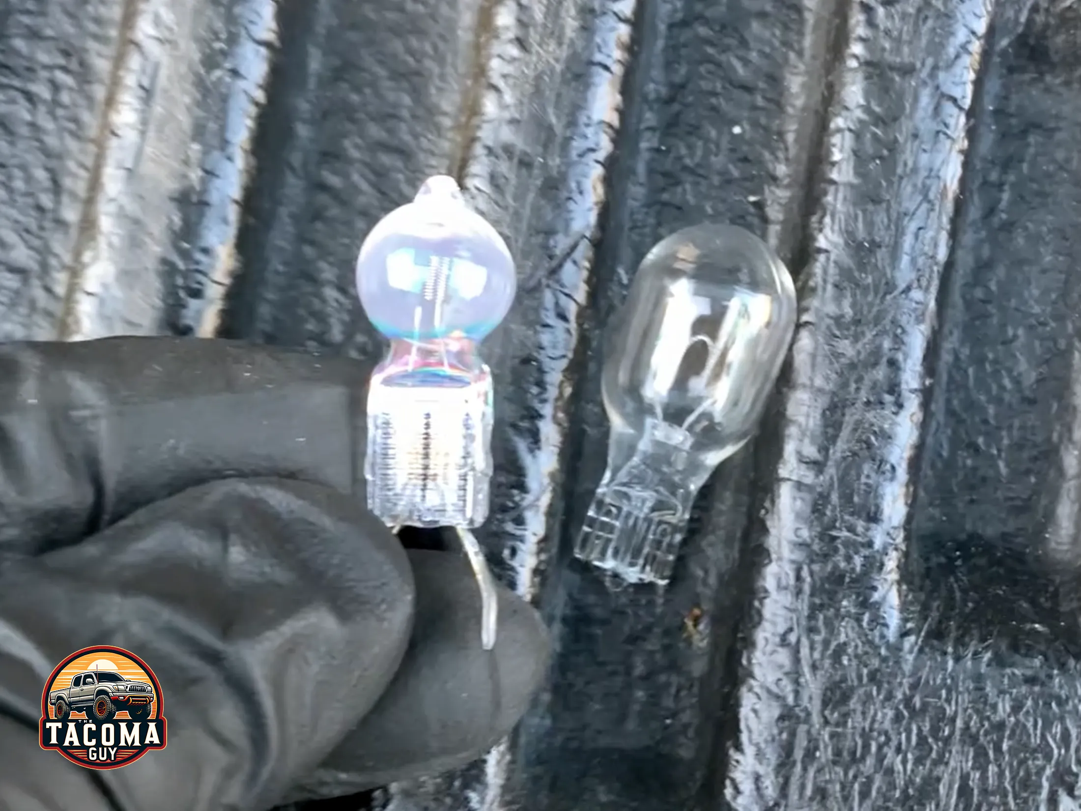 Osram Northstar AV 69378 Bare Lamp next to OEM gen 1 toyota tacoma bulb